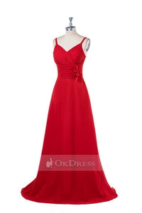 Red A-Line Long Bridesmaid Dresses with Flowers