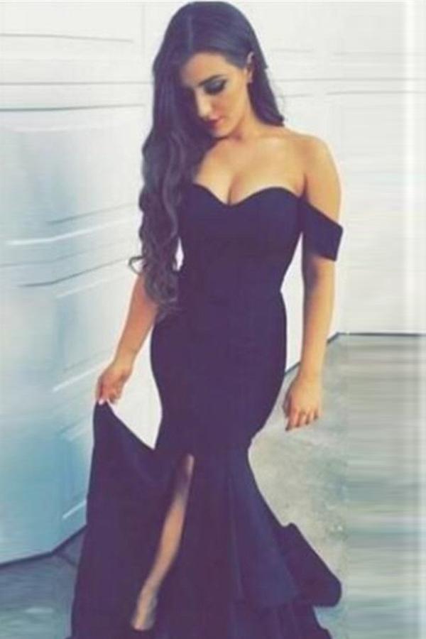 Dark Navy Hot Sale Off The Shoulder Silk Like Satin Natural Sleeveless Split Front Prom Dresses