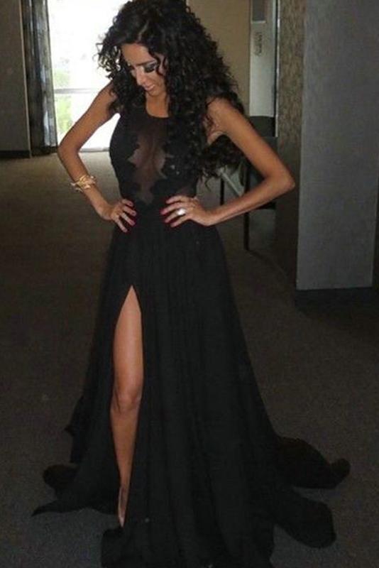 Black Most Popular Chiffon Appliqued Sleeveless Prom Dresses
