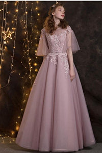 A-line 1/2 Sleeves Lace Applique Long Formal Prom Dresses