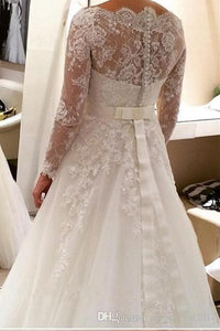 White Lace Applique Beading A-line Off-the-shoulder Full/long sleeve Tulle Wedding Dresses