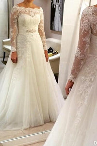 White Lace Applique Beading A-line Off-the-shoulder Full/long sleeve Tulle Wedding Dresses