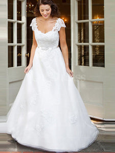 Attractive White Applique Tulle Sweep Train Zipper Wedding Dresses