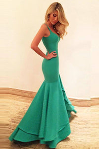 Green Slim Natural Jersey Tiers Prom Dresses