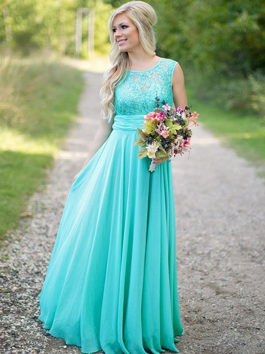 Green Princess Scoop Neck Zipper Lace Chiffon Floor-length Bridesmaid Dresses