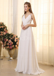 Ivory Fabulous V-neck Sweep Train Chiffon Wedding Dresses