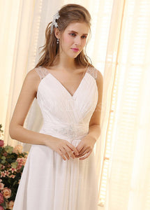 Ivory Fabulous V-neck Sweep Train Chiffon Wedding Dresses