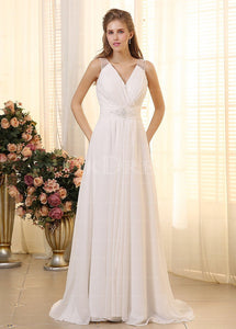 Ivory Fabulous V-neck Sweep Train Chiffon Wedding Dresses