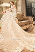 Champagne Tulle Cathedral Train Wedding Dresses with Applique