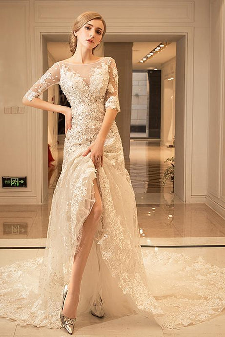 Champagne Tulle Cathedral Train Wedding Dresses with Applique