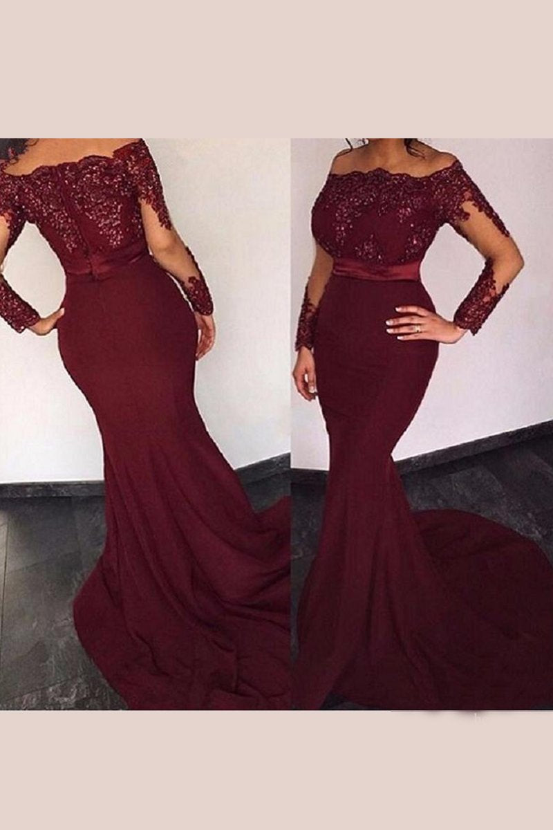 Sexy Appliques Lace Long Sleeves Chiffon Mermaid Prom Dresses