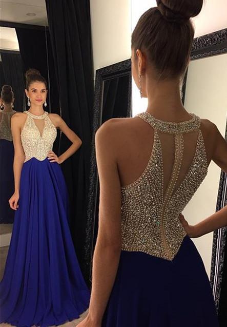 Blue Decent A-line/Princess Sleeveless Beading Bodice Chiffon Long Prom Dresses