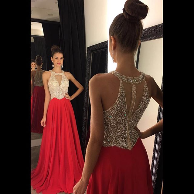 Red Decent A-line/Princess Sleeveless Beading Bodice Chiffon Long Prom Dresses