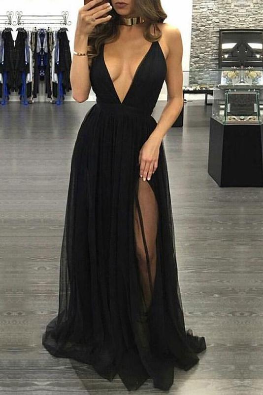 Awesome Tulle Black V-neck Split Front Prom Dresses