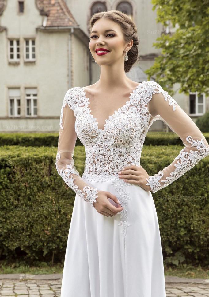 White Polished Lace Long Sleeves Wedding Dresses – Okeydress