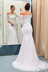 Superior Ivory Applique Tulle Off The Shoulder Long Sleeves Wedding Dresses