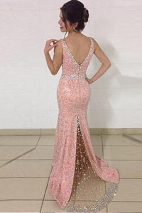 Pink Concise Sleeveless V-neck Trumpet/Mermaid Sweep Train Tulle Prom Dresses