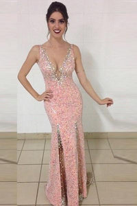 Pink Concise Sleeveless V-neck Trumpet/Mermaid Sweep Train Tulle Prom Dresses