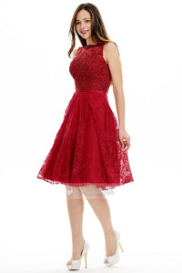 Burgundy Brilliant A-line Knee-length Tulle Beading Prom Dresses