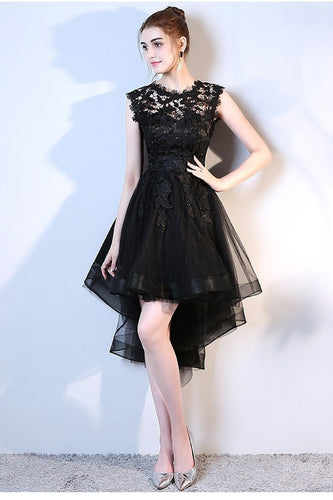 Black High Low Hi-lo A-line Lace Applique Tulle Formal Prom Cocktail Dresses