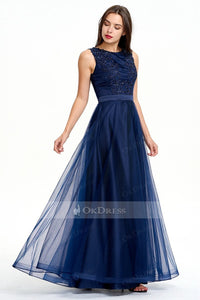 Long Natural Sleeveless Satin and Tulle Evening Gown