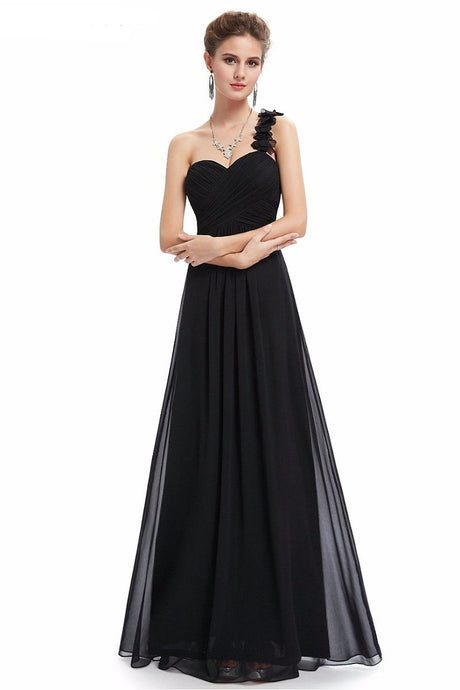 Black A-line One-shoulder Long Chiffon Formal Prom Dresses