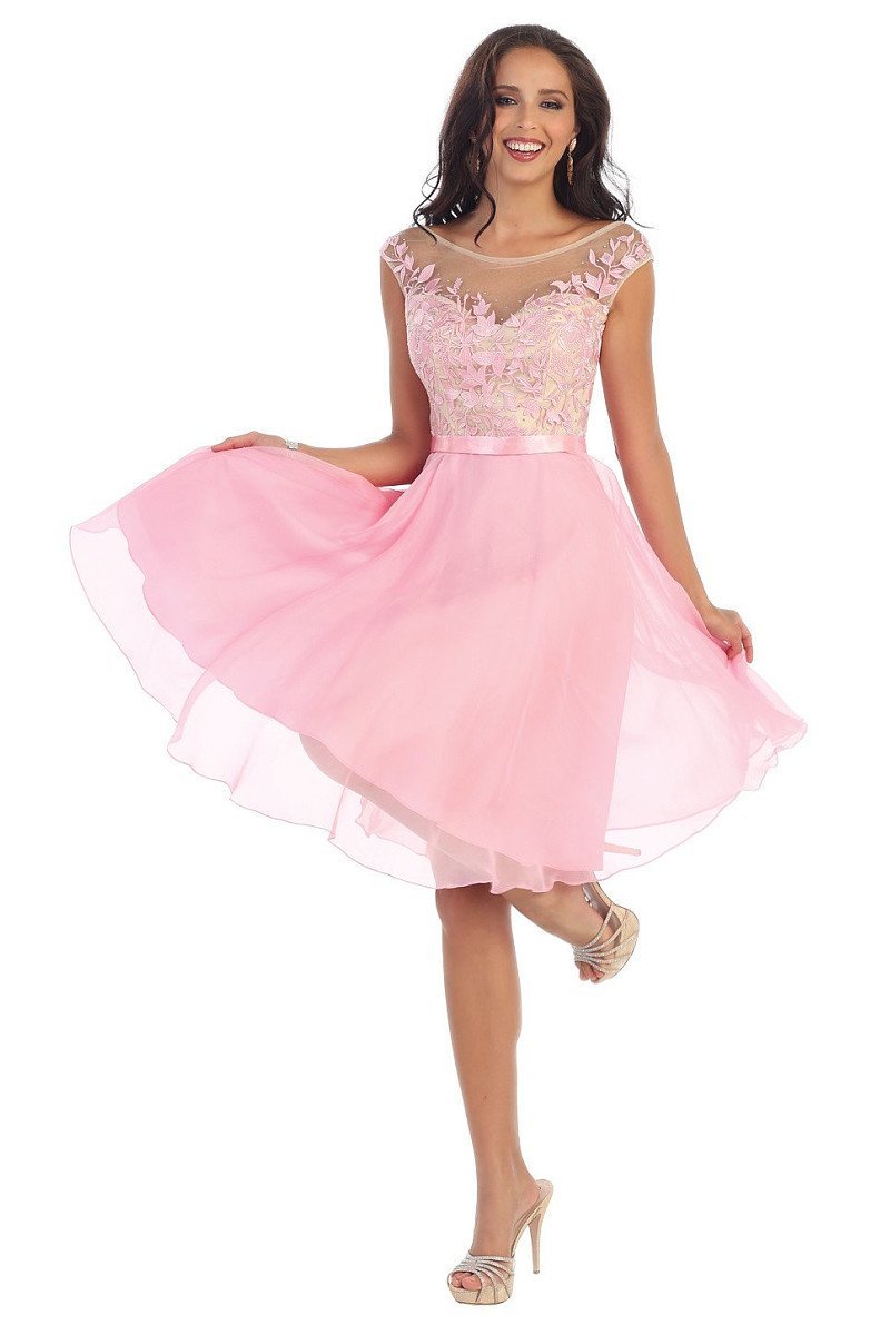 Pink OKDRESS Lace Appliques Cap Sleeve Wedding Homecoming Dress