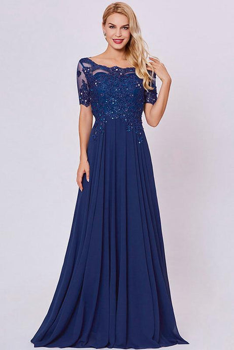 Dark Navy A-Line Short Sleeves Beading Long Chiffon Formal Prom Dresses