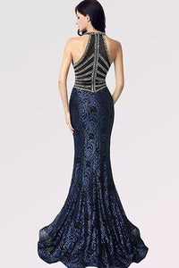 Dark Navy Trumpet/Mermaid V-neck Sleeveless Beading Long Formal Prom Dresses