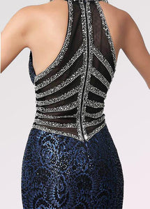 Dark Navy Trumpet/Mermaid V-neck Sleeveless Beading Long Formal Prom Dresses