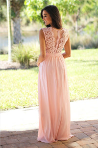 Pink Attractive A-line/Princess Lace Top Sleeveless Floor-length Chiffon Prom Dresses