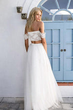 White A-Line Tulle Destination Wedding Dresses with Off-the-Shoulder by Lace Appliques