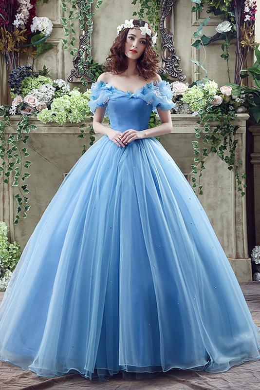 Blue Astounding Organza Ball Gown Off The Shoulder Basque Quinceanera Dresses