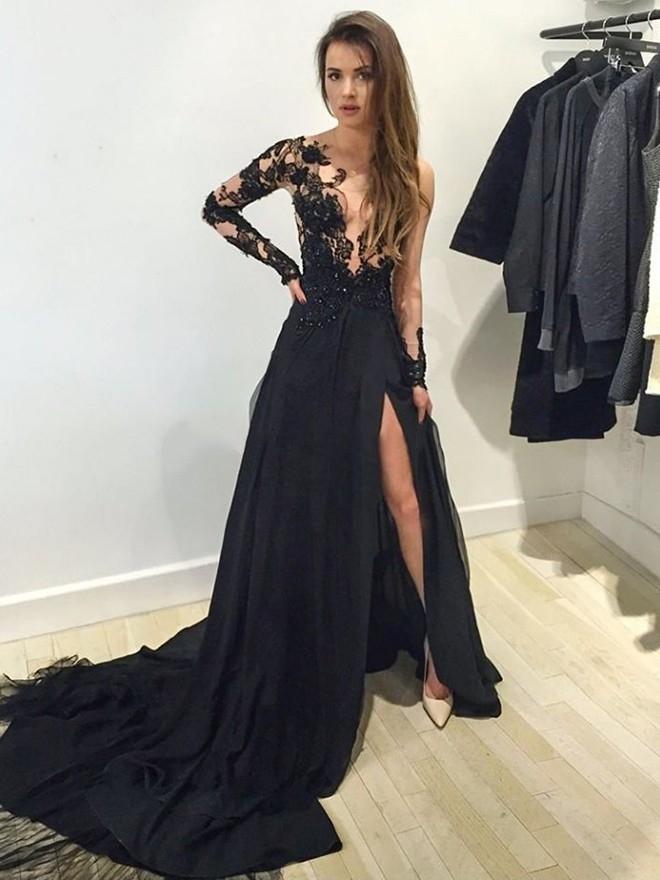 Black Gorgeous Natural Long Sleeve Court Train Prom Dresses