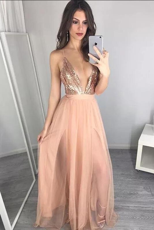 Marvelous A-line Deep V-neck Split Front Tulle Sequined Prom Dresses