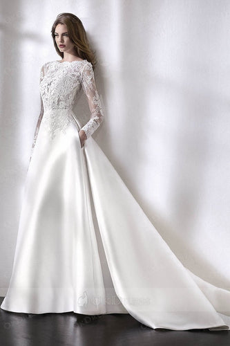 Ivory Embellished Elegant Long Sleeves Wedding Dresses with V-back