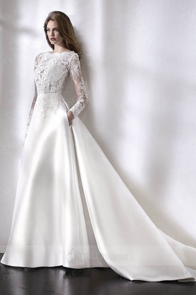 Ivory Embellished Elegant Long Sleeves Wedding Dresses with V-back Okeydress Ivory Embellished Elegant Long Sleeves Wedding Dresses with V-back Okeydress
