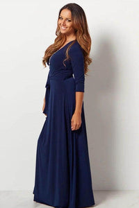 V-neck 3/4 Sleeves Sleeves Sheath Maxi Dresses With Tie Belt