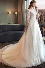 A-line 3/4 Sleeves Illusin Neckline Long Bridal Wedding Dresses