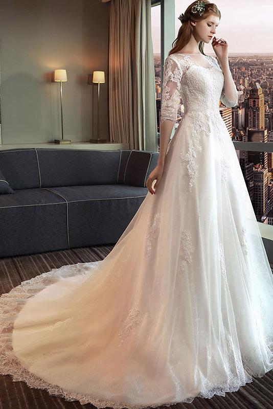 A line 3 4 Sleeves Illusin Neckline Long Bridal Wedding Dresses