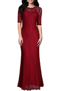 Red Formal Sheath/Column 1/2 Sleeves Long Lace Evening Gown Dresses
