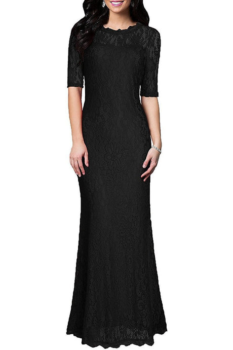 Black Formal Sheath/Column 1/2 Sleeves Long Lace Evening Gown Dresses