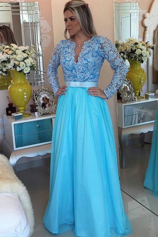 Amazing New-Arrival A-line Long Sleeves V-neck Prom Dresses