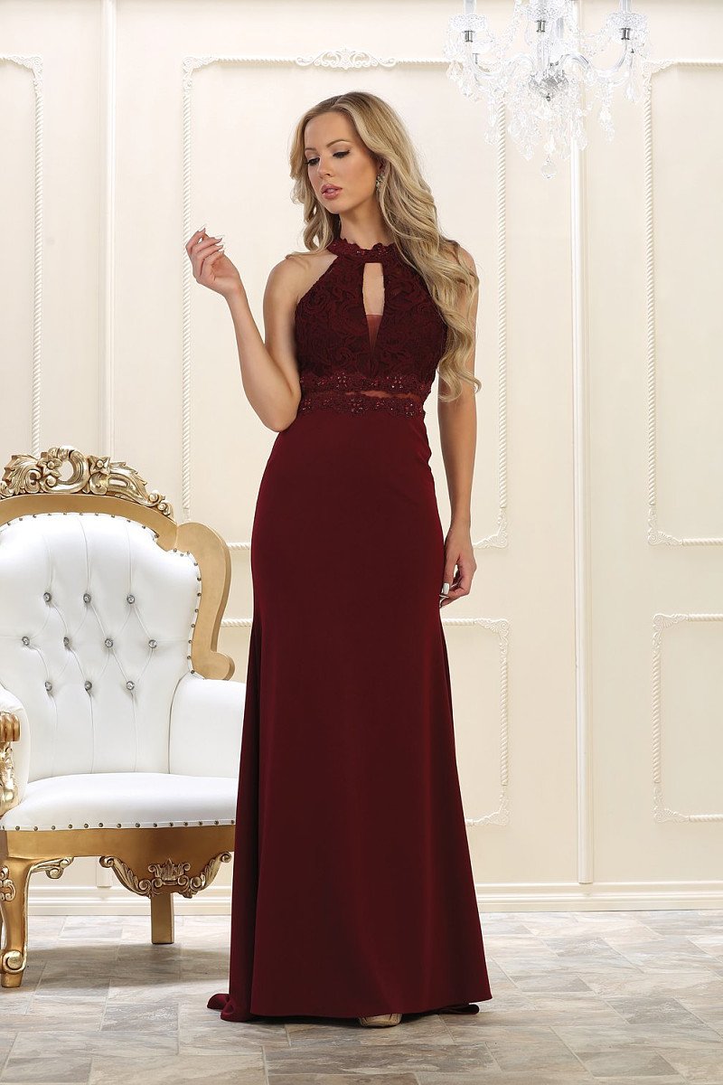 Sheath/Column Sleeveless Halter Beading Burgundy Long Prom Dresses