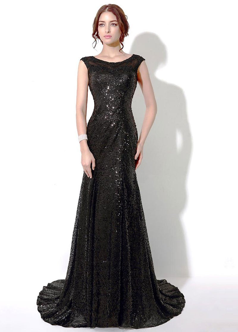 Black Outstanding Sleeveless Bateau Sequined Evening Dresses