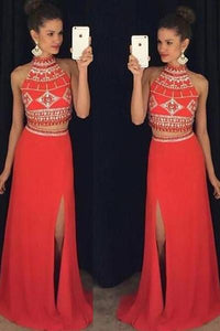 Red Two-Piece A-line/Princess Sleeveless Zipper Long Prom Dresses