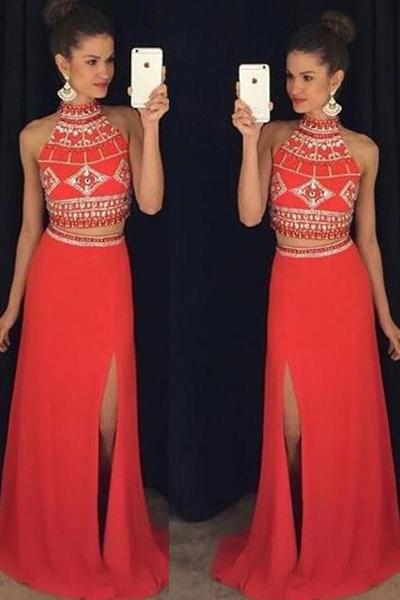 Red Two-Piece A-line/Princess Sleeveless Zipper Long Prom Dresses