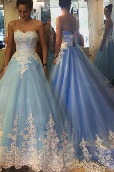 Sky Blue Captivating Starpless Sweetheart Applique Organza Lace-up Ball GownProm Dresses