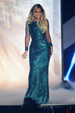 Beyonce Bateau Blue Sequined Long Sleeves Celebrity Prom Dresses Brit 2014