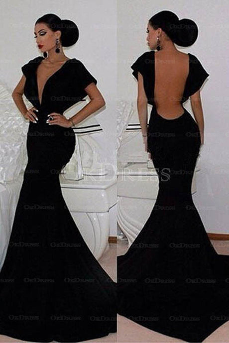 Black Fascinating Chapel Train Zipper Up at Side Short Sleeve Natural Satin Prom Dresses